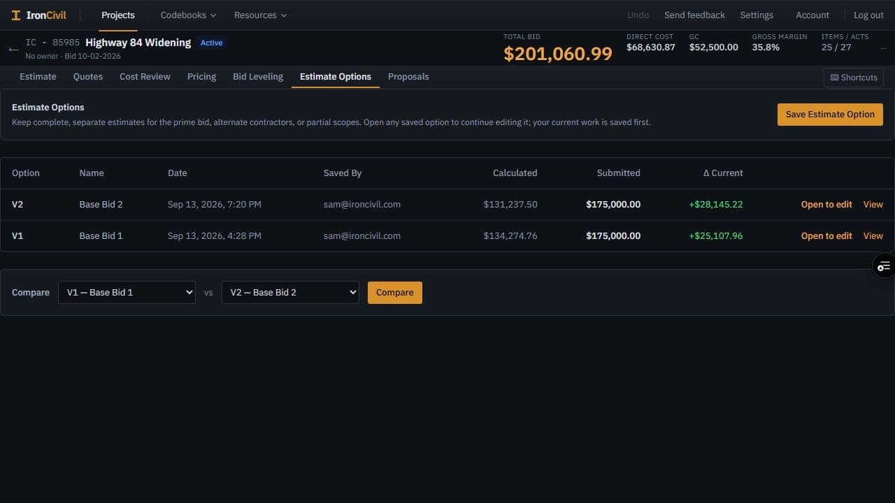 Keep alternatives you can return to. Saved options have calculated and submitted totals, plus Open to edit and Compare controls.