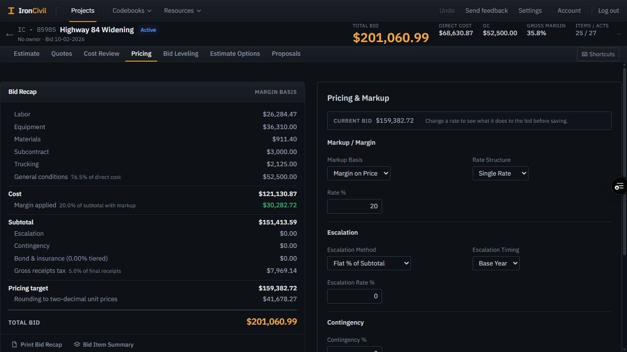 Build the price around the cost. The Bid Recap sits beside separate pricing controls. Calculated pricing and the final bid remain visible.